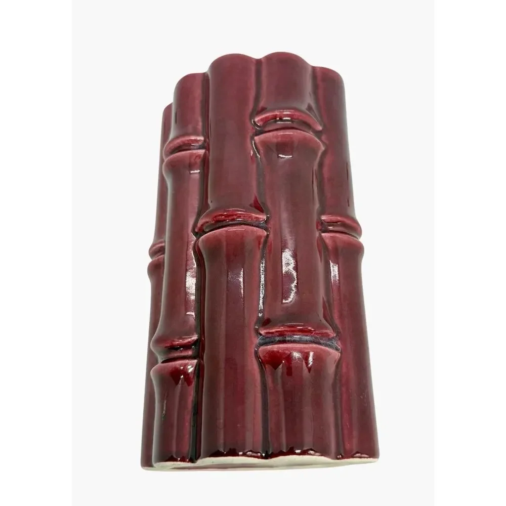 Red Wing USA Burgundy Bamboo Ceramic 7.5” Tall Vase #400 Light Grey interior VTG